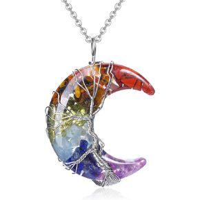 VadiForest Natural 7 Chakra Stone Moon Pendant Necklace Reiki Healing Crystal Crescent Necklace Women Girl Jewelry Gift for Valentine's, Birthday