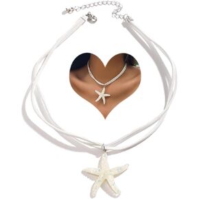 Bohemian Starfish Pendant Leather Choker Necklace Cute Large Starfish Statement Pendant Neck Chain Summer Beach Party Collar Neck Jewelry for Women and Girls