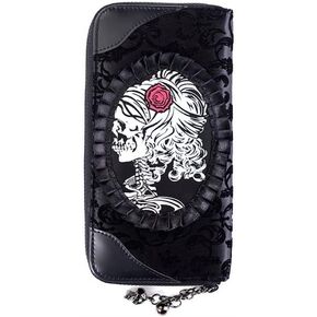 Black Flocked Cameo Skull Lady Rose Gothic Zip Around Wallet