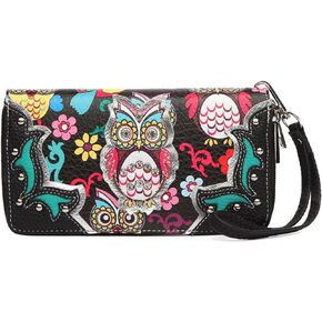 Colorful Owl Rhinestone Studded Spring Western Style Studs Fashion Clutch Purse Women Country Wrist Strap Wristlets Wallet
