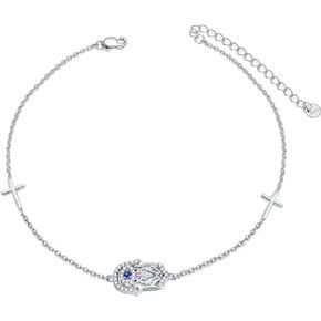 LONAGO Hamsa Hand Bracelet Good Luck Blue Evil Eye Hamsa Bracelet Sterling Silver Gifts for Women Girl