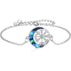 URONE Viking Compass Bracelet Sterling Silver Abalone Shell Crescent Moon Compass Travel Nordic Pagan Jewelry for Women