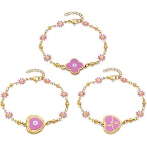 3Pcs Evil Eye Protection Blessing Lucky Bracelet for Women,14K Gold Plated Stainless Steel Amulet Hamsa Hand Bracelets, Compass Heart Cross Four-leaf Clover Wing Charm link Chain Bracelet