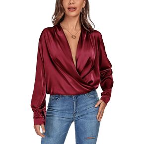 LYANER Women's Satin Deep V Neck Wrap Drape Ruched Backless Long Sleeve Blouse Shirt Top