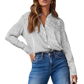 OMSJ Women's Striped Button Down Shirts Casual Long Sleeve Stylish Collared Office Work Blouses Tops