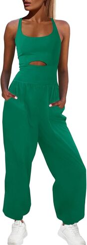 Panadila Womens Workout Onesie Athletic Romper One Piece Jumpsuits Backless Tops Hiking Pants with Pockets (Green,M) in Kuwait