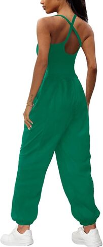 Panadila Womens Workout Onesie Athletic Romper One Piece Jumpsuits Backless Tops Hiking Pants with Pockets (Green,M) in Kuwait
