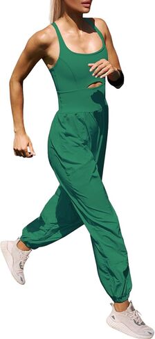 Panadila Womens Workout Onesie Athletic Romper One Piece Jumpsuits Backless Tops Hiking Pants with Pockets (Green,M) in Kuwait