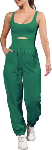 Panadila Womens Workout Onesie Athletic Romper One Piece Jumpsuits Backless Tops Hiking Pants with Pockets (Green,M) in Kuwait