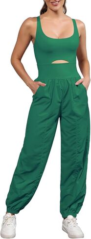 Panadila Womens Workout Onesie Athletic Romper One Piece Jumpsuits Backless Tops Hiking Pants with Pockets (Green,M) in Kuwait