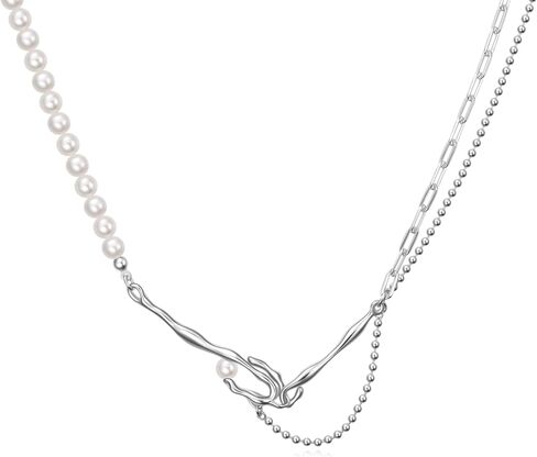 مشبك ورق عقد من اللؤلؤ عتيق أنيق ذو طبقات من اللؤلؤ الباروكي المستزرع 925 من الفضة الاسترليني قلادة عصرية ساحرة في عيد الحب للنساء والفتيات (مع صندوق هدايا) in Kuwait