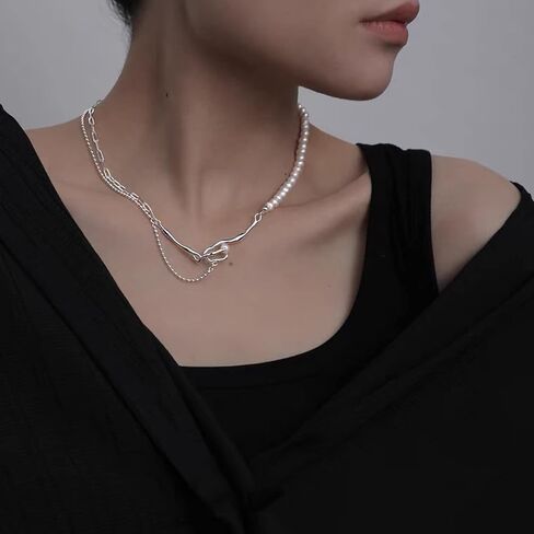 مشبك ورق عقد من اللؤلؤ عتيق أنيق ذو طبقات من اللؤلؤ الباروكي المستزرع 925 من الفضة الاسترليني قلادة عصرية ساحرة في عيد الحب للنساء والفتيات (مع صندوق هدايا) in Kuwait