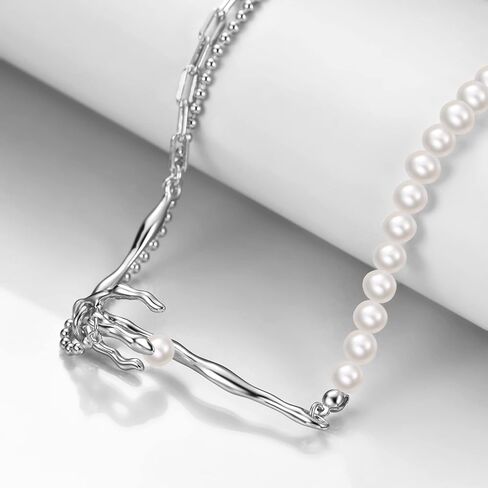 مشبك ورق عقد من اللؤلؤ عتيق أنيق ذو طبقات من اللؤلؤ الباروكي المستزرع 925 من الفضة الاسترليني قلادة عصرية ساحرة في عيد الحب للنساء والفتيات (مع صندوق هدايا) in Kuwait