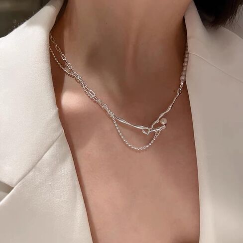 مشبك ورق عقد من اللؤلؤ عتيق أنيق ذو طبقات من اللؤلؤ الباروكي المستزرع 925 من الفضة الاسترليني قلادة عصرية ساحرة في عيد الحب للنساء والفتيات (مع صندوق هدايا) in Kuwait