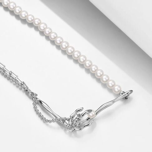 مشبك ورق عقد من اللؤلؤ عتيق أنيق ذو طبقات من اللؤلؤ الباروكي المستزرع 925 من الفضة الاسترليني قلادة عصرية ساحرة في عيد الحب للنساء والفتيات (مع صندوق هدايا) in Kuwait