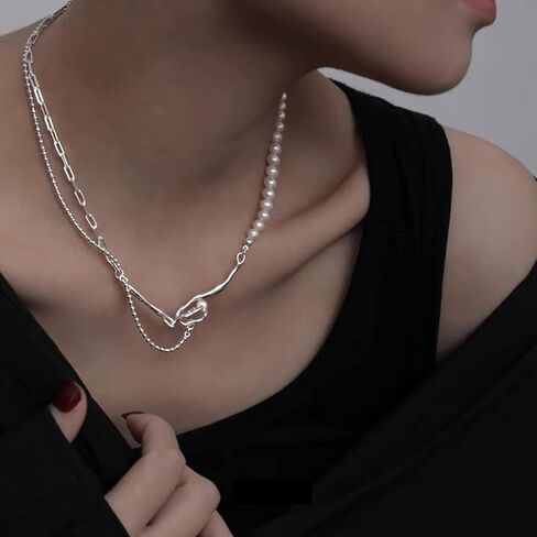 مشبك ورق عقد من اللؤلؤ عتيق أنيق ذو طبقات من اللؤلؤ الباروكي المستزرع 925 من الفضة الاسترليني قلادة عصرية ساحرة في عيد الحب للنساء والفتيات (مع صندوق هدايا) in Kuwait