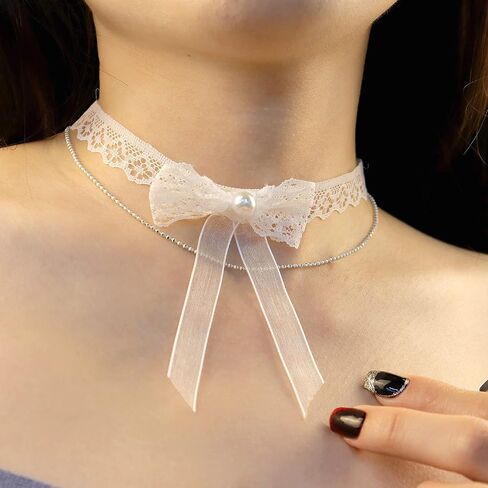 Bethynas Gothic White Lace Crystal Choker Necklace Vintage Gemstone Pendant Collar Neck Chain Bridal Weeding Party Pearl Neck Accessory Lolita Cosplay Costume Jewelry for Women Girls in Kuwait