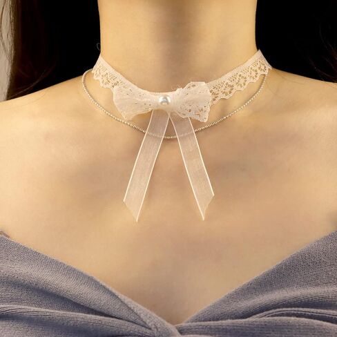 Bethynas Gothic White Lace Crystal Choker Necklace Vintage Gemstone Pendant Collar Neck Chain Bridal Weeding Party Pearl Neck Accessory Lolita Cosplay Costume Jewelry for Women Girls in Kuwait
