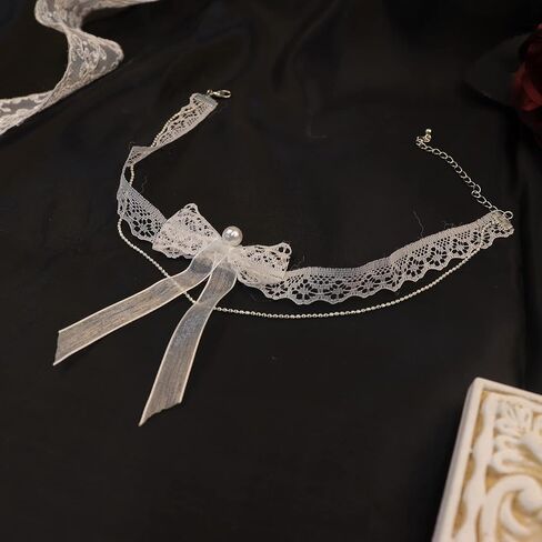 Bethynas Gothic White Lace Crystal Choker Necklace Vintage Gemstone Pendant Collar Neck Chain Bridal Weeding Party Pearl Neck Accessory Lolita Cosplay Costume Jewelry for Women Girls in Kuwait