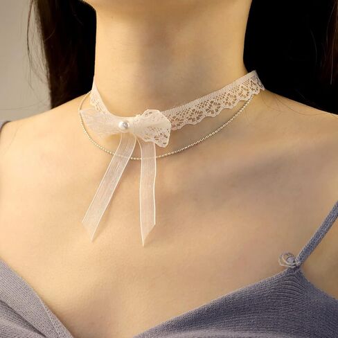 Bethynas Gothic White Lace Crystal Choker Necklace Vintage Gemstone Pendant Collar Neck Chain Bridal Weeding Party Pearl Neck Accessory Lolita Cosplay Costume Jewelry for Women Girls in Kuwait
