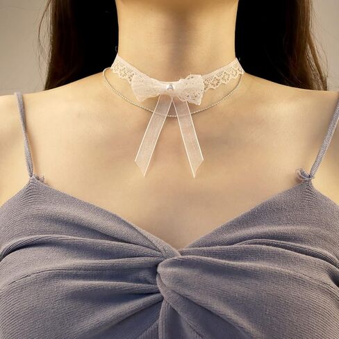 Bethynas Gothic White Lace Crystal Choker Necklace Vintage Gemstone Pendant Collar Neck Chain Bridal Weeding Party Pearl Neck Accessory Lolita Cosplay Costume Jewelry for Women Girls in Kuwait