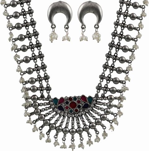 قلادة طويلة من الفضة الافغانية الهندية التقليدية بتصميم عرقي من سيدهاتفا، قلادة طويلة لوصيفة العروس للنساء والفتيات، 19 سم، معدن، بدون احجار كريمة, معدن, لا أحجار كريمة in Kuwait