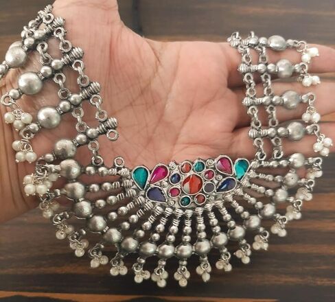 قلادة طويلة من الفضة الافغانية الهندية التقليدية بتصميم عرقي من سيدهاتفا، قلادة طويلة لوصيفة العروس للنساء والفتيات، 19 سم، معدن، بدون احجار كريمة, معدن, لا أحجار كريمة in Kuwait