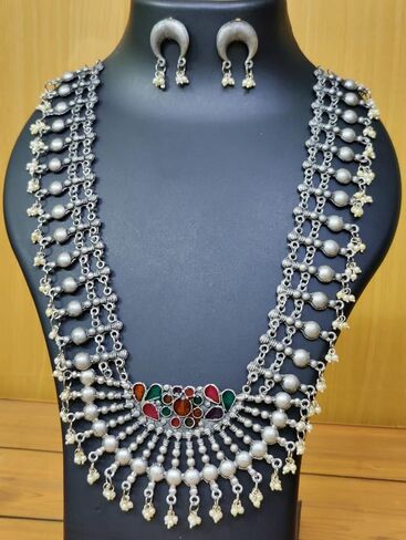 قلادة طويلة من الفضة الافغانية الهندية التقليدية بتصميم عرقي من سيدهاتفا، قلادة طويلة لوصيفة العروس للنساء والفتيات، 19 سم، معدن، بدون احجار كريمة, معدن, لا أحجار كريمة in Kuwait