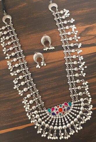 قلادة طويلة من الفضة الافغانية الهندية التقليدية بتصميم عرقي من سيدهاتفا، قلادة طويلة لوصيفة العروس للنساء والفتيات، 19 سم، معدن، بدون احجار كريمة, معدن, لا أحجار كريمة in Kuwait