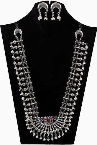 قلادة طويلة من الفضة الافغانية الهندية التقليدية بتصميم عرقي من سيدهاتفا، قلادة طويلة لوصيفة العروس للنساء والفتيات، 19 سم، معدن، بدون احجار كريمة, معدن, لا أحجار كريمة in Kuwait