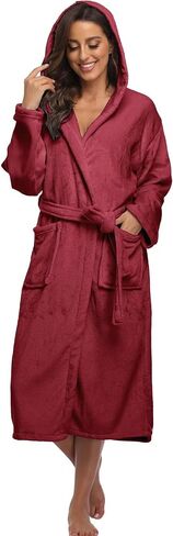 Women Hooded Fleece Robe Long Soft Plush Bathrobe Full Length House Coat Winter Spa Sleepwear with Pockets in Saudi Arabia