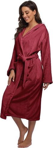 Women Hooded Fleece Robe Long Soft Plush Bathrobe Full Length House Coat Winter Spa Sleepwear with Pockets in Saudi Arabia