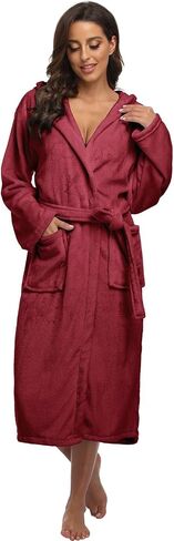 Women Hooded Fleece Robe Long Soft Plush Bathrobe Full Length House Coat Winter Spa Sleepwear with Pockets in Saudi Arabia