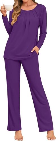 Anymeet Womens Pajama Set Long Sleeve 2 Piece Fall Ladies Sleepwear Soft Lounge Sets Comfy PJs With Pockets in Saudi Arabia