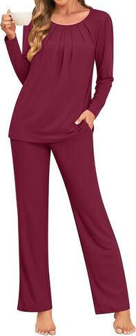 Anymeet Womens Pajama Set Long Sleeve 2 Piece Fall Ladies Sleepwear Soft Lounge Sets Comfy PJs With Pockets in Saudi Arabia