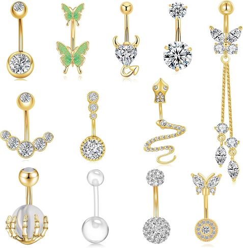 JEWPARK 12 قطعة 14 جرام الجراحية الصلب البطن خاتم على شكل زر للنساء ثقب البطن المتدلية لطيف القلب فراشة خواتم السرة حزمة in Kuwait