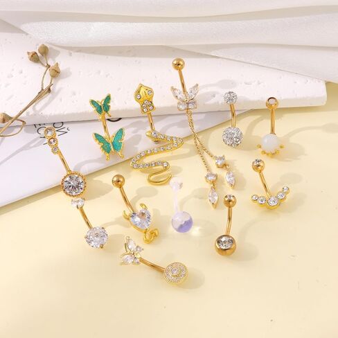 JEWPARK 12 قطعة 14 جرام الجراحية الصلب البطن خاتم على شكل زر للنساء ثقب البطن المتدلية لطيف القلب فراشة خواتم السرة حزمة in Kuwait