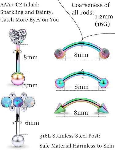 16G Rook piercing jewelry Surgical Steel Eyebrow Rings 8MM CZ Diamonds Silver Metal ball Opal Glittering Forward Helix Tragus Daith Piercing Jewelry Snug Earrings Studs curved barbell 8PCS in Kuwait
