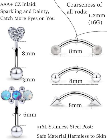 16G Rook piercing jewelry Surgical Steel Eyebrow Rings 8MM CZ Diamonds Silver Metal ball Opal Glittering Forward Helix Tragus Daith Piercing Jewelry Snug Earrings Studs curved barbell 8PCS in Kuwait