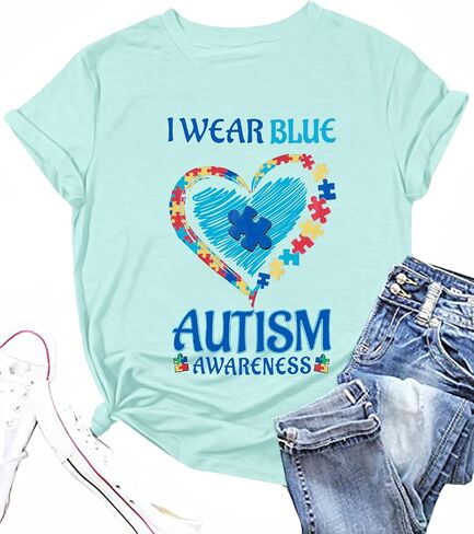 Autism Awareness Shirt Women Blue Ribbon T-Shirt I Wear Blue Tshirt Autism Support Tee Causal Short Sleeve Tee Tops in Kuwait