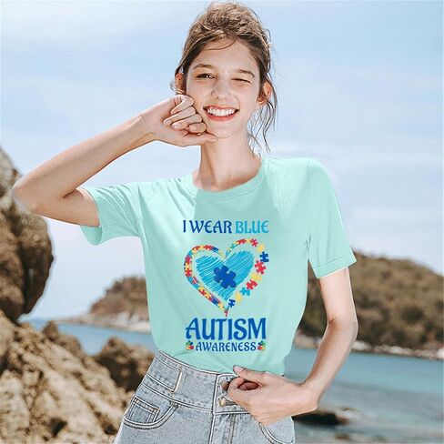 Autism Awareness Shirt Women Blue Ribbon T-Shirt I Wear Blue Tshirt Autism Support Tee Causal Short Sleeve Tee Tops in Kuwait