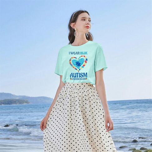 Autism Awareness Shirt Women Blue Ribbon T-Shirt I Wear Blue Tshirt Autism Support Tee Causal Short Sleeve Tee Tops in Kuwait
