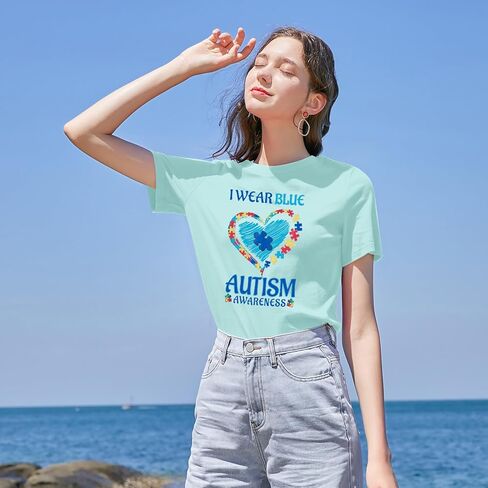 Autism Awareness Shirt Women Blue Ribbon T-Shirt I Wear Blue Tshirt Autism Support Tee Causal Short Sleeve Tee Tops in Kuwait
