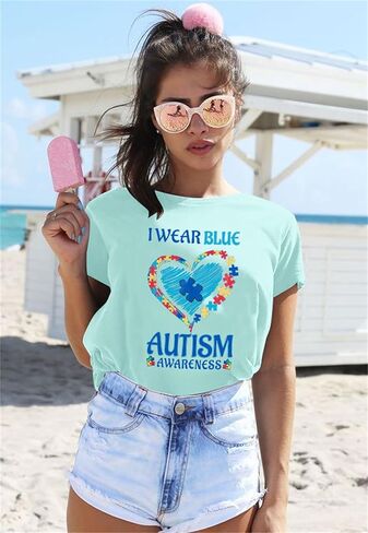 Autism Awareness Shirt Women Blue Ribbon T-Shirt I Wear Blue Tshirt Autism Support Tee Causal Short Sleeve Tee Tops in Kuwait