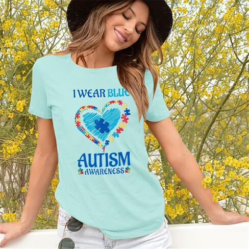 Autism Awareness Shirt Women Blue Ribbon T-Shirt I Wear Blue Tshirt Autism Support Tee Causal Short Sleeve Tee Tops in Kuwait