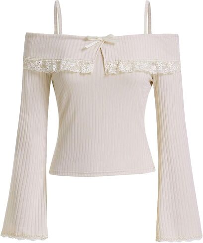 COZYEASE Women's Ribbed Knit Contrast Lace Tee Bell Long Sleeve Cold Shoulder Tee Shirt Slim Fit Crop Tee Tops in Saudi Arabia