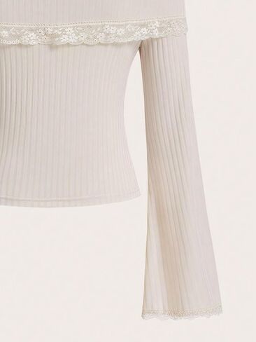 COZYEASE Women's Ribbed Knit Contrast Lace Tee Bell Long Sleeve Cold Shoulder Tee Shirt Slim Fit Crop Tee Tops in Saudi Arabia