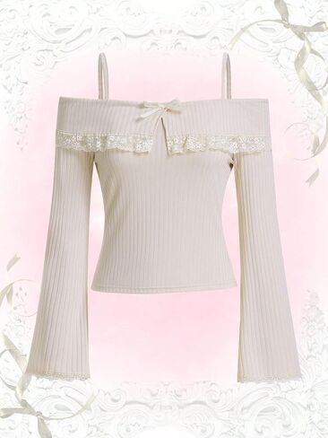 COZYEASE Women's Ribbed Knit Contrast Lace Tee Bell Long Sleeve Cold Shoulder Tee Shirt Slim Fit Crop Tee Tops in Saudi Arabia
