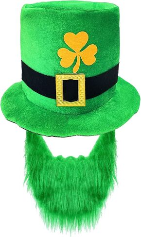 Wittocs Irish Hat and Beard Green Leprechaun Top Hat and Eyeglass St Patricks Day Costume Accessories in Kuwait