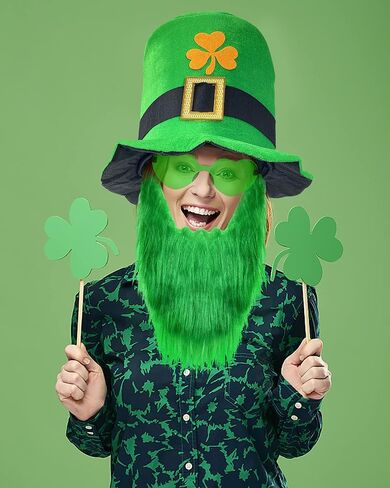 Wittocs Irish Hat and Beard Green Leprechaun Top Hat and Eyeglass St Patricks Day Costume Accessories in Kuwait